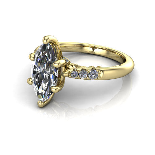Jinnie marquise classic engagement ring in 18K Yellow Gold, three-quarter perspective showing the four-prong center above pav&eacute; shoulders with a filigree gallery