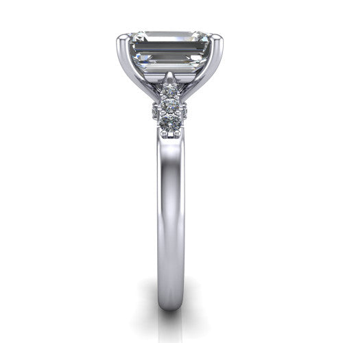 Jinnie emerald classic engagement ring in 18K White Gold, side profile showing the pav&eacute; shoulders and filigree gallery in profile