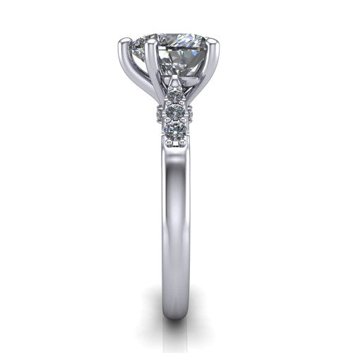 Jinnie heart classic engagement ring in 18K White Gold, side profile showing the pav&eacute; shoulders and filigree gallery in profile