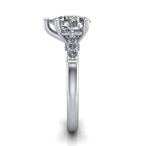 Jinnie pear classic engagement ring in 14K White Gold, side profile showing the pav&eacute; shoulders and filigree gallery in profile