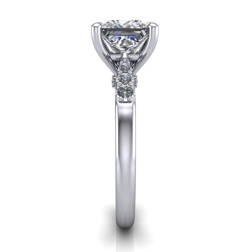 Jinnie princess classic engagement ring in 14K White Gold, side profile showing the pav&eacute; shoulders and filigree gallery in profile
