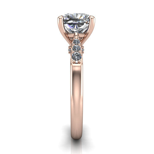 Jinnie cushion classic engagement ring in 18K Rose Gold, side profile showing the pav&eacute; shoulders and filigree gallery in profile