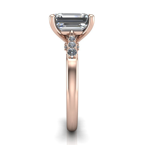 Jinnie emerald classic engagement ring in 18K Rose Gold, side profile showing the pav&eacute; shoulders and filigree gallery in profile