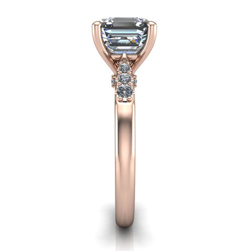 Jinnie square emerald classic engagement ring in 14K Rose Gold, side profile showing the pav&eacute; shoulders and filigree gallery in profile