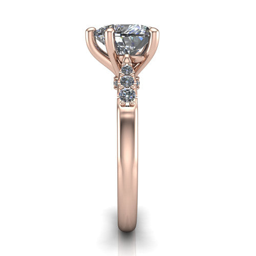 Jinnie heart classic engagement ring in 18K Rose Gold, side profile showing the pav&eacute; shoulders and filigree gallery in profile