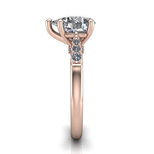 Jinnie pear classic engagement ring in 14K Rose Gold, side profile showing the pav&eacute; shoulders and filigree gallery in profile