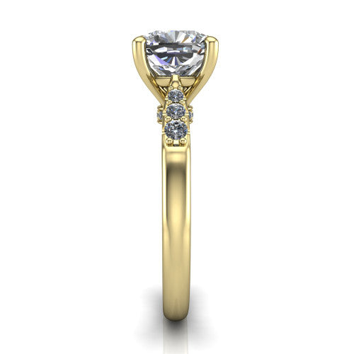 Jinnie cushion classic engagement ring in 18K Yellow Gold, side profile showing the pav&eacute; shoulders and filigree gallery in profile