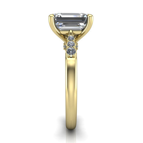 Jinnie emerald classic engagement ring in 14K Yellow Gold, side profile showing the pav&eacute; shoulders and filigree gallery in profile