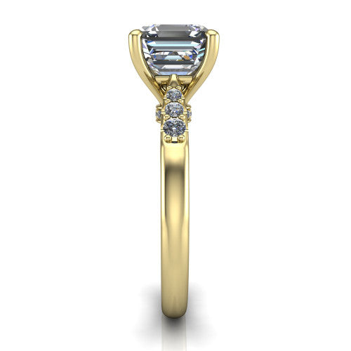 Jinnie square emerald classic engagement ring in 14K Yellow Gold, side profile showing the pav&eacute; shoulders and filigree gallery in profile