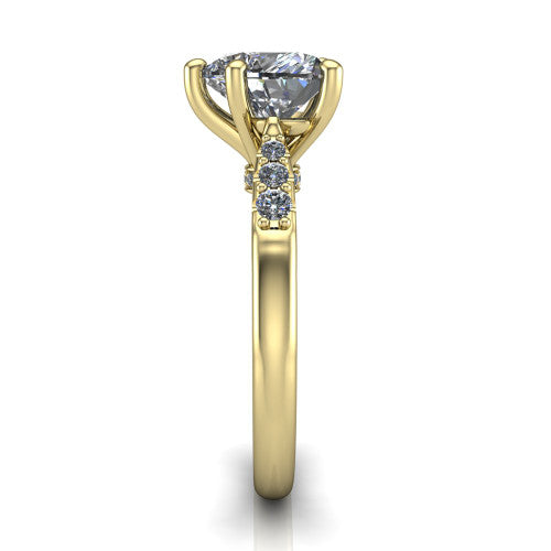 Jinnie heart classic engagement ring in 14K Yellow Gold, side profile showing the pav&eacute; shoulders and filigree gallery in profile