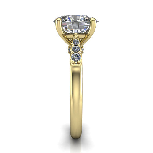 Jinnie oval classic engagement ring in 14K Yellow Gold, side profile showing the pav&eacute; shoulders and filigree gallery in profile