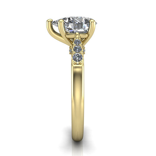 Jinnie pear classic engagement ring in 18K Yellow Gold, side profile showing the pav&eacute; shoulders and filigree gallery in profile