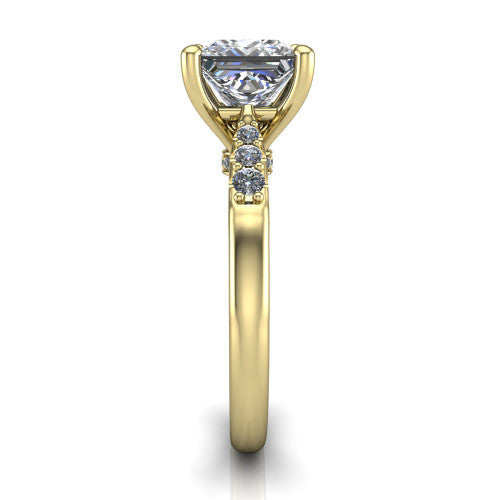 Jinnie princess classic engagement ring in 18K Yellow Gold, side profile showing the pav&eacute; shoulders and filigree gallery in profile