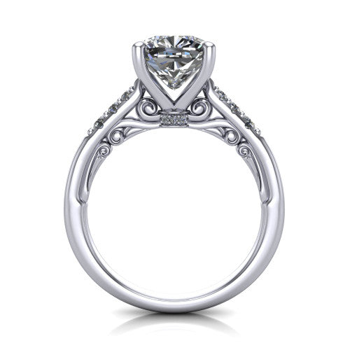 Jinnie cushion classic engagement ring in 14K White Gold, through-finger front profile showing the scrollwork filigree gallery beneath the center