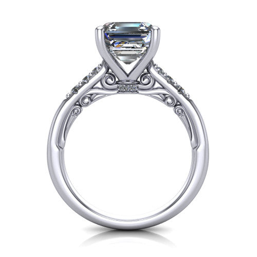 Jinnie square emerald classic engagement ring in Platinum, through-finger front profile showing the scrollwork filigree gallery beneath the center