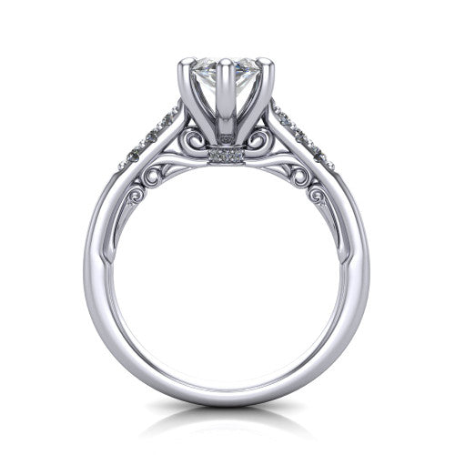Jinnie marquise classic engagement ring in 14K White Gold, through-finger front profile showing the scrollwork filigree gallery beneath the center