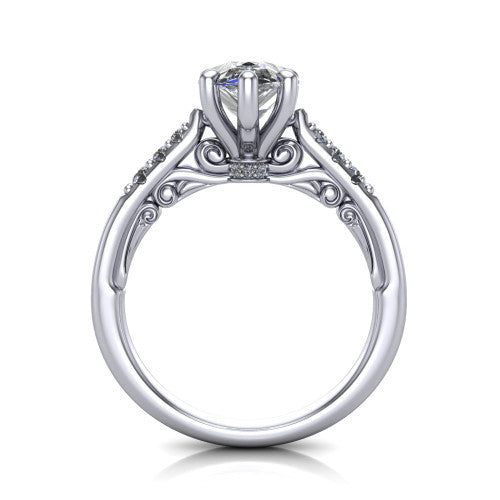 Jinnie pear classic engagement ring in Platinum, through-finger front profile showing the scrollwork filigree gallery beneath the center