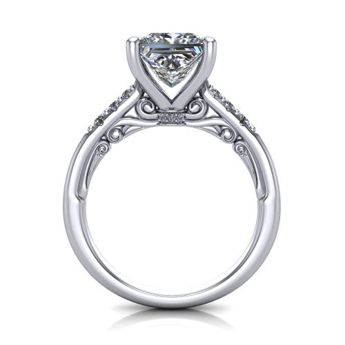 Jinnie princess classic engagement ring in 18K White Gold, through-finger front profile showing the scrollwork filigree gallery beneath the center