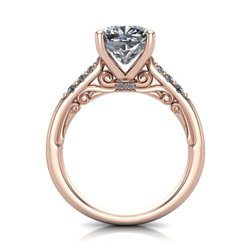 Jinnie cushion classic engagement ring in 18K Rose Gold, through-finger front profile showing the scrollwork filigree gallery beneath the center