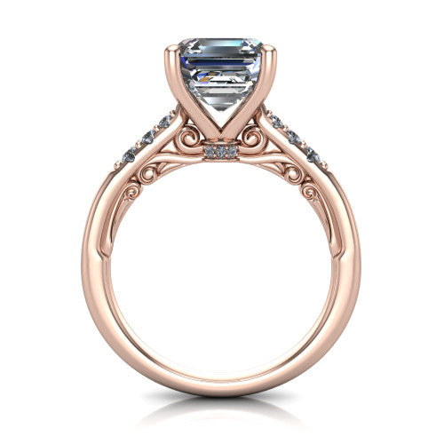 Jinnie square emerald classic engagement ring in 14K Rose Gold, through-finger front profile showing the scrollwork filigree gallery beneath the center