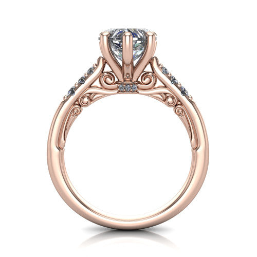 Jinnie heart classic engagement ring in 14K Rose Gold, through-finger front profile showing the scrollwork filigree gallery beneath the center