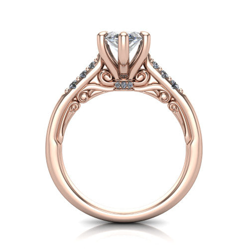 Jinnie marquise classic engagement ring in 18K Rose Gold, through-finger front profile showing the scrollwork filigree gallery beneath the center