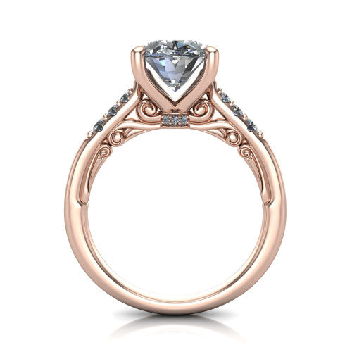 Jinnie oval classic engagement ring in 14K Rose Gold, through-finger front profile showing the scrollwork filigree gallery beneath the center
