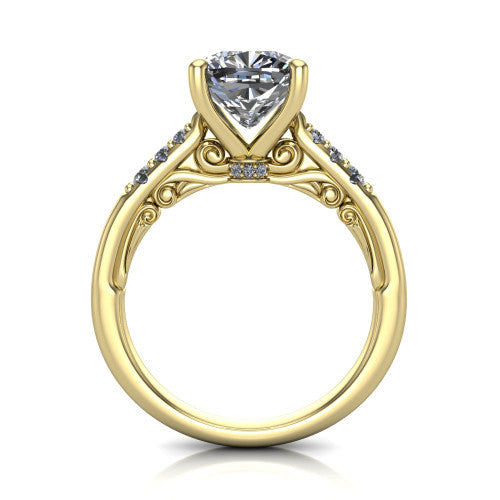 Jinnie cushion classic engagement ring in 14K Yellow Gold, through-finger front profile showing the scrollwork filigree gallery beneath the center