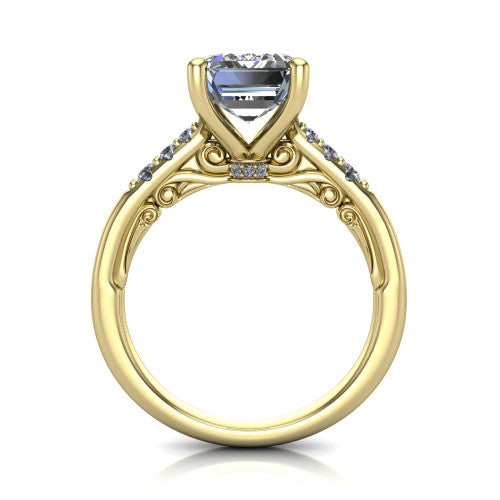 Jinnie emerald classic engagement ring in 18K Yellow Gold, through-finger front profile showing the scrollwork filigree gallery beneath the center