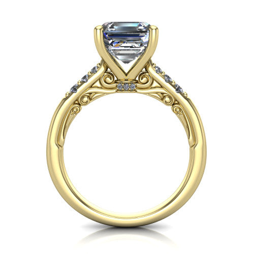 Jinnie square emerald classic engagement ring in 14K Yellow Gold, through-finger front profile showing the scrollwork filigree gallery beneath the center