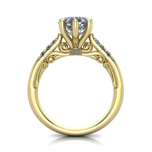 Jinnie heart classic engagement ring in 14K Yellow Gold, through-finger front profile showing the scrollwork filigree gallery beneath the center