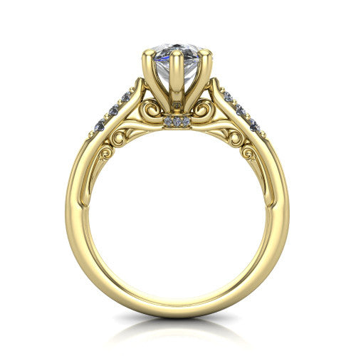 Jinnie pear classic engagement ring in 14K Yellow Gold, through-finger front profile showing the scrollwork filigree gallery beneath the center