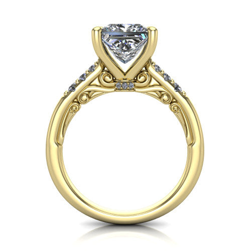 Jinnie princess classic engagement ring in 18K Yellow Gold, through-finger front profile showing the scrollwork filigree gallery beneath the center