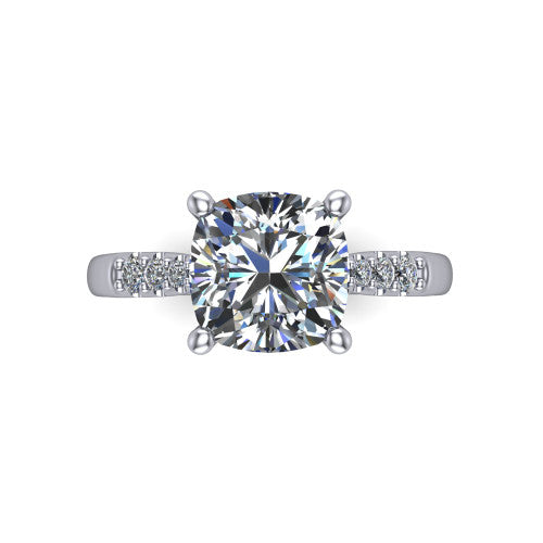 Jinnie cushion classic engagement ring in Platinum, top-down view showing the center stone and the pav&eacute; shoulders from above