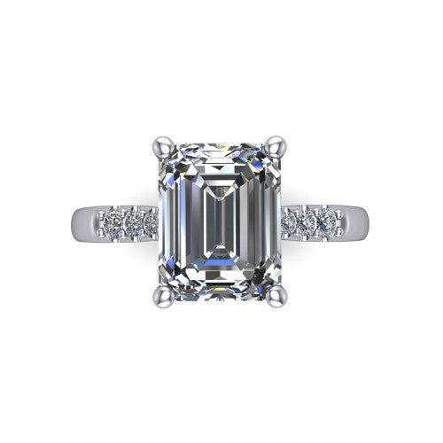 Jinnie emerald classic engagement ring in Platinum, top-down view showing the center stone and the pav&eacute; shoulders from above