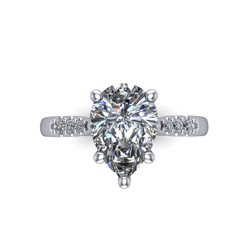 Jinnie pear classic engagement ring in 14K White Gold, top-down view showing the center stone and the pav&eacute; shoulders from above