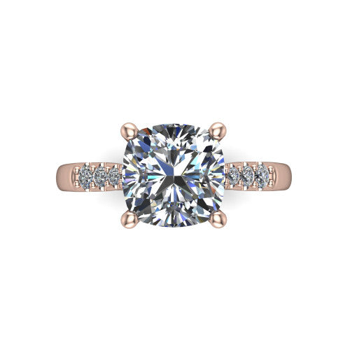 Jinnie cushion classic engagement ring in 18K Rose Gold, top-down view showing the center stone and the pav&eacute; shoulders from above