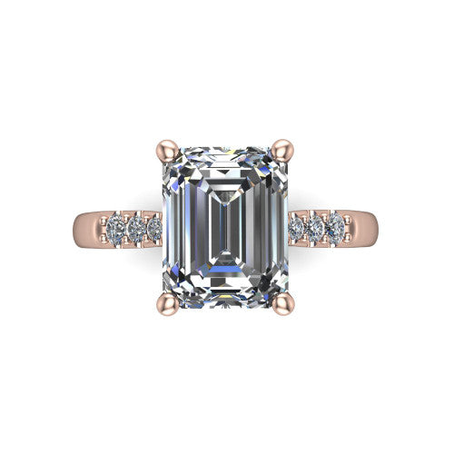Jinnie emerald classic engagement ring in 18K Rose Gold, top-down view showing the center stone and the pav&eacute; shoulders from above