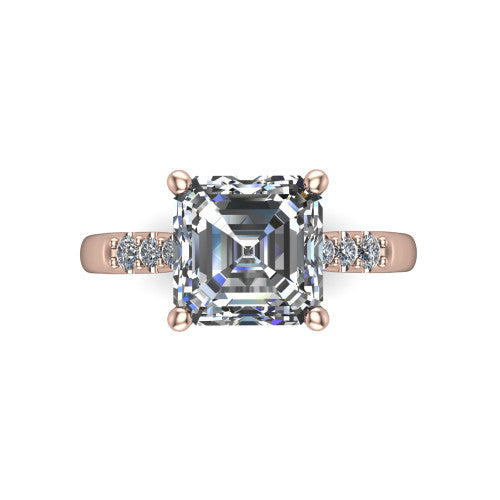 Jinnie square emerald classic engagement ring in 14K Rose Gold, top-down view showing the center stone and the pav&eacute; shoulders from above