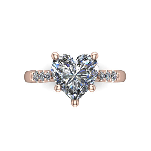 Jinnie heart classic engagement ring in 14K Rose Gold, top-down view showing the center stone and the pav&eacute; shoulders from above