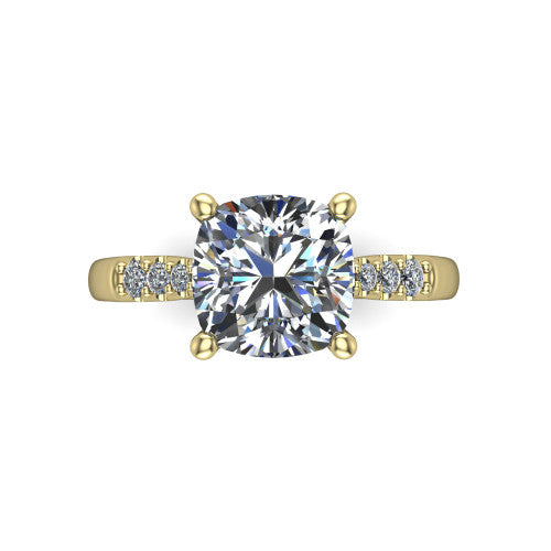 Jinnie cushion classic engagement ring in 14K Yellow Gold, top-down view showing the center stone and the pav&eacute; shoulders from above