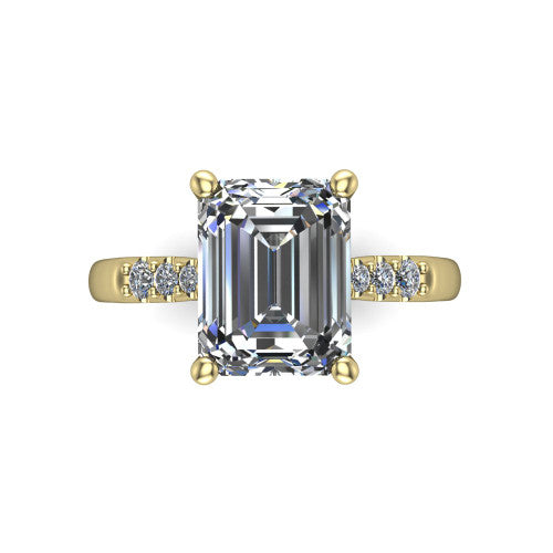Jinnie emerald classic engagement ring in 18K Yellow Gold, top-down view showing the center stone and the pav&eacute; shoulders from above