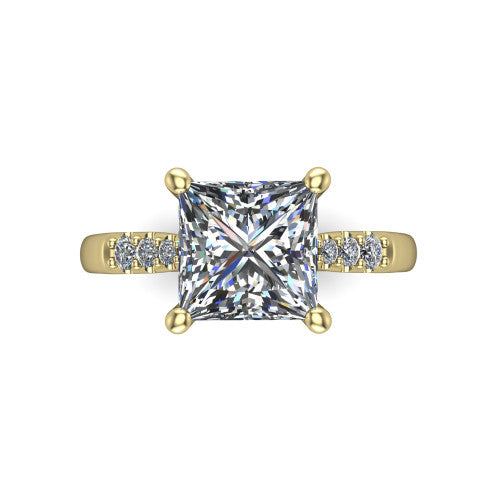 Jinnie princess classic engagement ring in 14K Yellow Gold, top-down view showing the center stone and the pav&eacute; shoulders from above