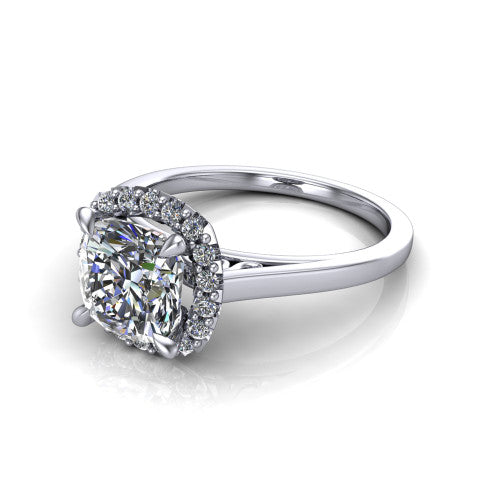 Esmeralda cushion halo engagement ring in 14K White Gold, three-quarter perspective showing the haloed center above a plain band with a filigree gallery