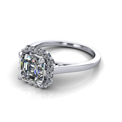 Esmeralda square emerald halo engagement ring in 14K White Gold, three-quarter perspective showing the haloed center above a plain band with a filigree gallery