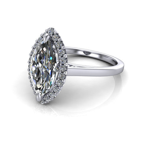 Esmeralda marquise halo engagement ring in 14K White Gold, three-quarter perspective showing the haloed center above a plain band with a filigree gallery