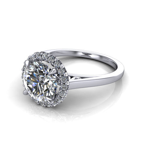 Esmeralda round halo engagement ring in 14K White Gold, three-quarter perspective showing the haloed center above a plain band with a filigree gallery