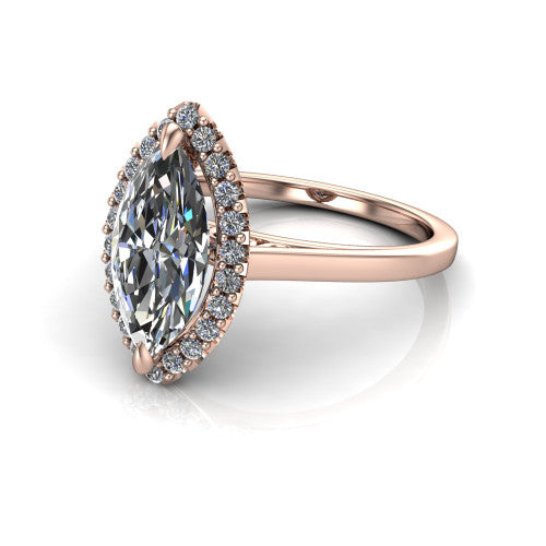 Esmeralda marquise halo engagement ring in 14K Rose Gold, three-quarter perspective showing the haloed center above a plain band with a filigree gallery