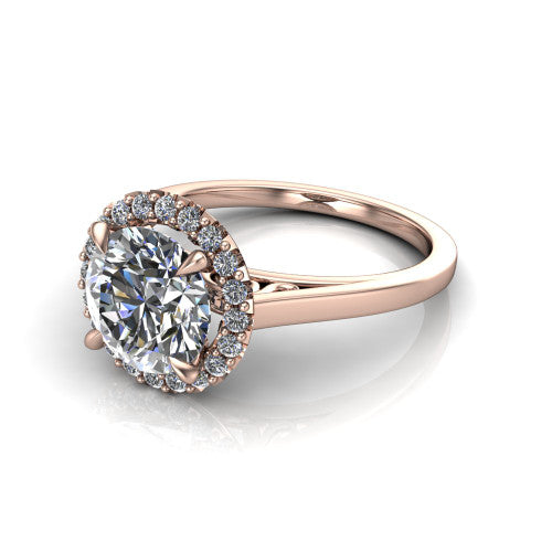 Esmeralda round halo engagement ring in 14K Rose Gold, three-quarter perspective showing the haloed center above a plain band with a filigree gallery