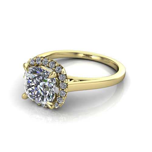 Esmeralda cushion halo engagement ring in 14K Yellow Gold, three-quarter perspective showing the haloed center above a plain band with a filigree gallery